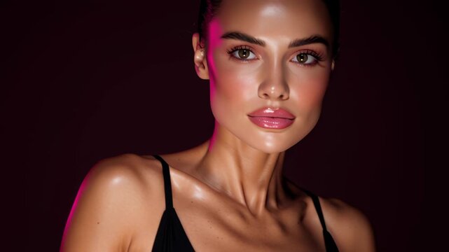 Beautiful Female Model with Glowing Skin and Glossy Makeup in Dramatic Pink Neon Lighting Video.