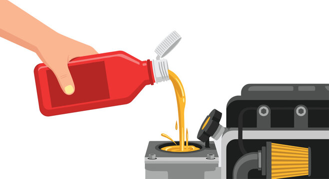 A hand pours golden motor oil from a red plastic container into the open filler port of a mechanical engine block set against a clean white background with soft flat lighting.