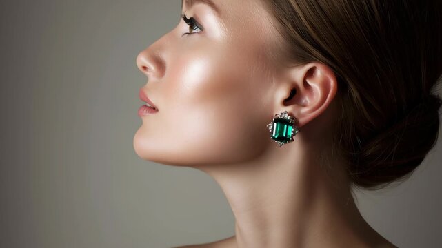 Closeup of Stunning Woman Wearing Elegant Emerald Earrings on Grey Background Video.