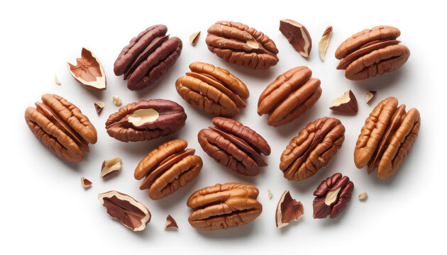 Collection of raw pecan nut halves and shell fragments scattered on a plain white background