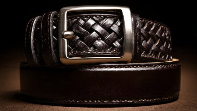 A luxuriously crafted, dark brown braided leather belt with a polished silver buckle is