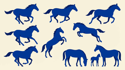 Blue Horse Silhouettes in Dynamic Poses - Vector Graphic Illustration