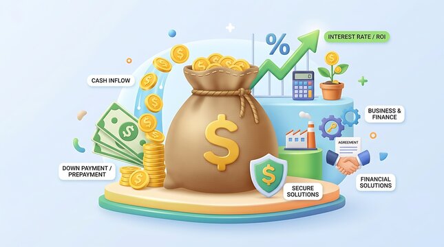 Business finance concept with money bag coins and financial terms  secure solutions