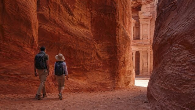 Couple visiting Petra Treasury through the red sandstone canyon