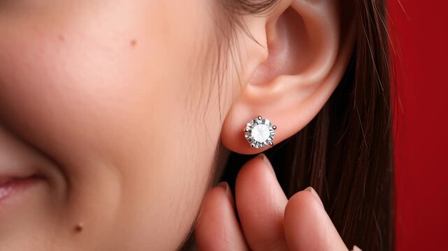 Extreme Close Up of Sparkling Diamond Stud Earring on Woman Ear with Red Background Video.