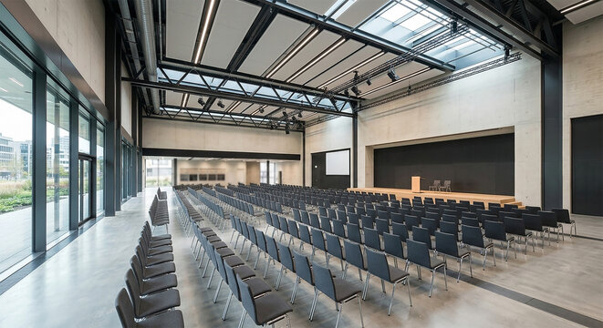 Empty auditorium with rows of chairs and a large screen