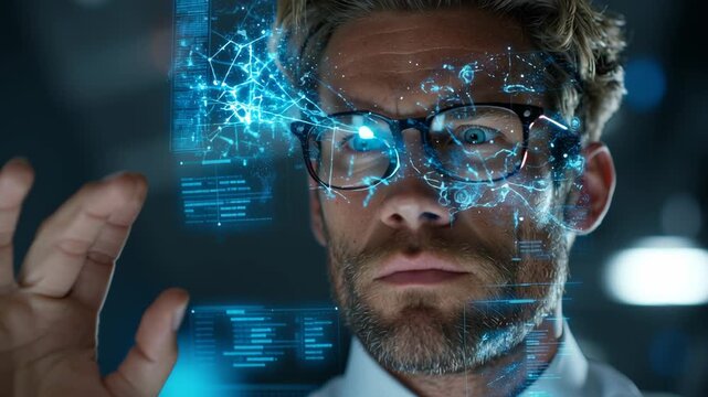 Futuristic Man Interacting with Holographic Interface and Artificial Intelligence Data Visualization in High Tech Laboratory Video.