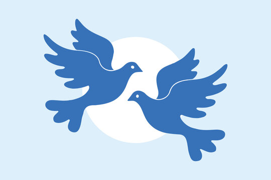 Two blue doves flying in front of a white circle on a light blue background