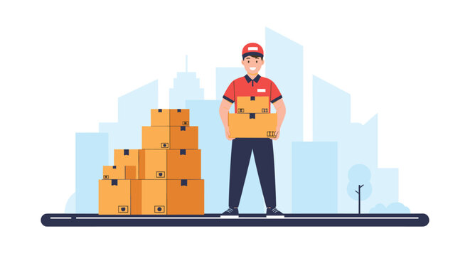 Smiling delivery man in a red uniform holding a stack of packages standing next to more boxes with a city backdrop.