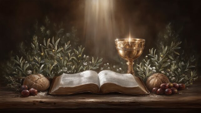 Sacred communion still life with open bible golden chalice bread and grapes on wooden table