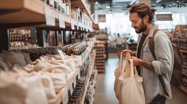 Man shopping at a bulk food store using reusable cloth bags, zero waste concept