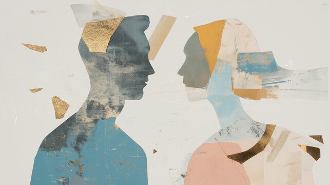 Paper collage with pastel blue abstract couple portrait of a man and woman