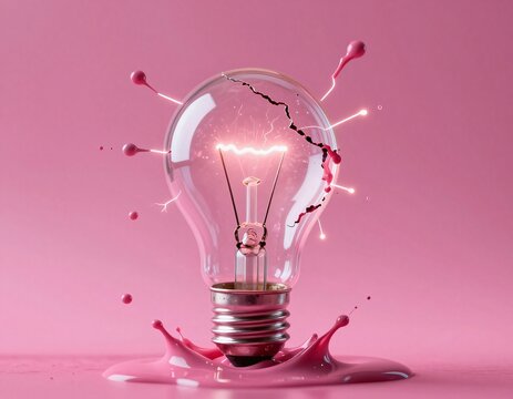 the destroyed bulb with liquid ink splashes frozen in mid air, capturing the moment of electric brilliance and energetic rupture