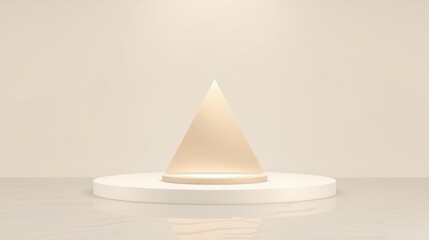 Fototapeta premium Pyramid sits atop circular platform. Minimalist scene, soft lighting, neutral tones create calm presentation. Reflective surface visible.