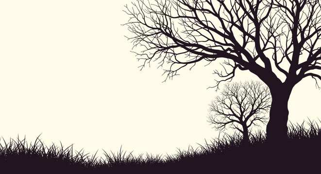 Dramatic landscape silhouette showing two bare trees and tall grass against a pale neutral background during sunset.