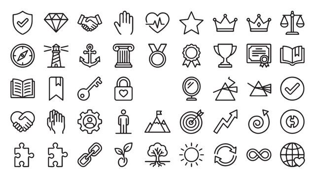 Values and integrity outline icon set for corporate ethics program, leadership training, motivational branding, or professional UI design assets