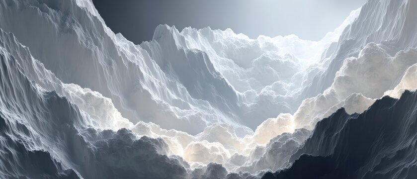 Surreal abstract landscape of dramatic icy mountain peaks and glowing cloud formations in ethereal light