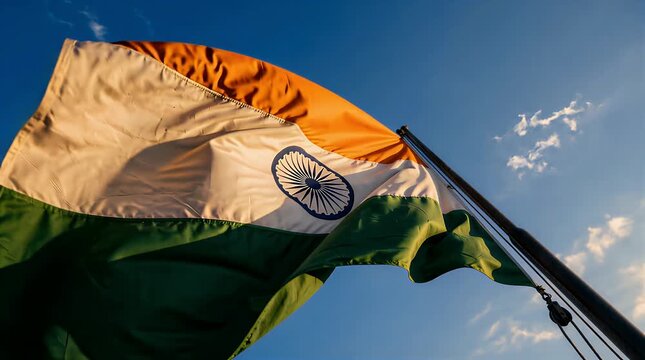 The vibrant national flag of India, known as the Tiranga, proudly waves against a bright blue sky with sunlight.