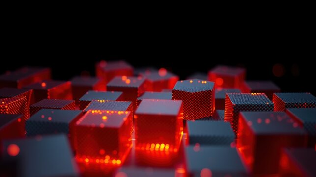 Abstract voxel grid. Red glowing cubes dominate dark background. Digital aesthetic, futuristic design, low poly style.