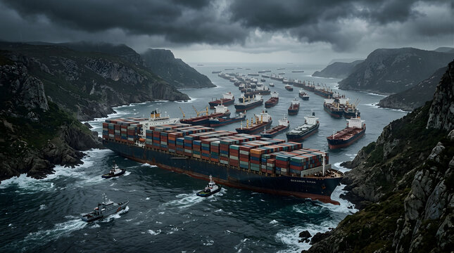 Massive fleet of cargo container ships anchored in a narrow strait under a dramatic, cloudy sky.