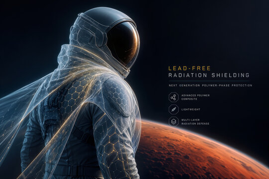 Lead-free radiation shielding wearable polymer-fabric exoshell draped over astronaut silhouette for Mars mission next generation protective gear advanced polymer science lightweight