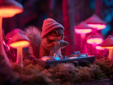 Squirrel plays music on turntables in a colorful mushroom forest at night
