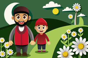 Fototapeta premium Flat vector illustration of an Eid Al Adha celebration with man kid and cow walking together