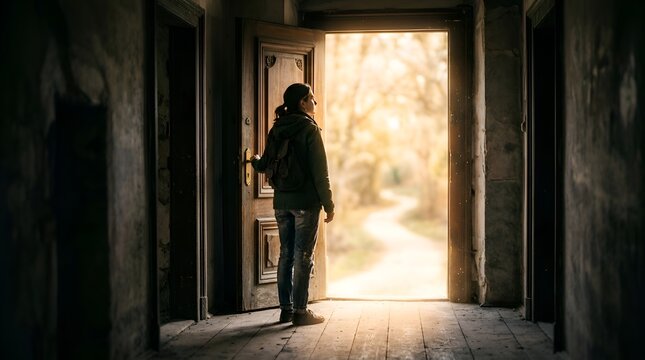 Woman opens door to bright, sunny path in nature, symbolizing hope and new beginnings.