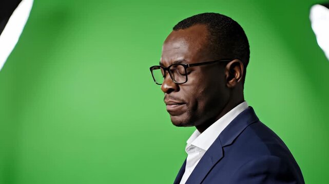 African American businessman in suit and glasses shows surprise then serious expression on green screen. Ideal for compositing.