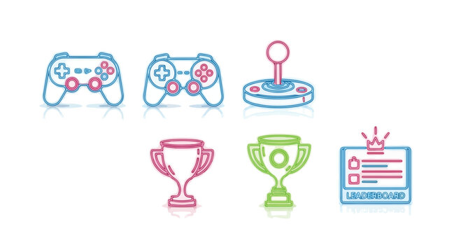 Video gaming icon set including game controllers, joystick, trophy cups and leaderboard in modern outline style
