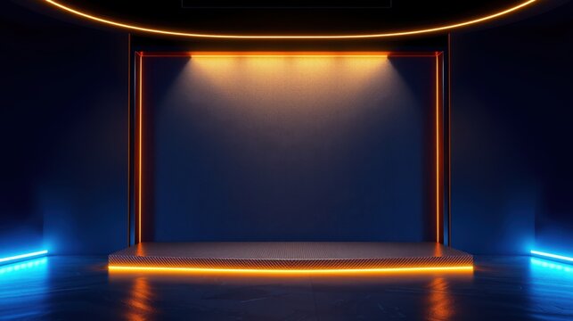 Futuristic stage design. Dramatic lighting creates vibrant contrast. Empty platform awaits presentation, product display. Modern, sleek aesthetic.