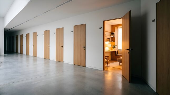 Open Doorway to Bright Room with Desk in a Long Hallway with Multiple Doors