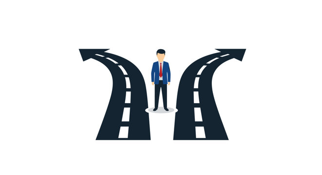 Businessman standing at a literal crossroads with two diverging paths, symbolizing a decision, choice, or direction.