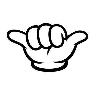 Logo club de surf con dibujos animados con l&iacute;neas de guantes estilo retro. Se&ntilde;al shaka. Mano con s&iacute;mbolo hang loose