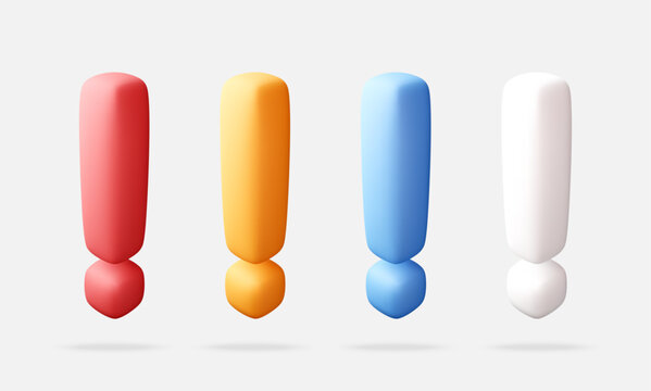 Colorful exclamation marks in 3d style. Set of warning and attention signs for web notification and alert message. Modern interface element for digital communication and design. Vector illustration
