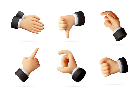 3d cartoon hand gesture set with suit sleeves. Human hand showing various signs like pointing, grabbing, fist and thumb down. Business communication icons for digital interface. Vector illustration