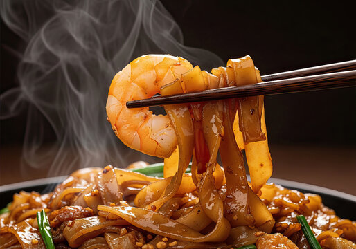 Macro close-up shot of Char Kway Teow (stir-fried rice noodle) with wooden chopsticks elegantly lifting a perfect bite of glossy flat rice noodles with a large glistening cooked prawn.