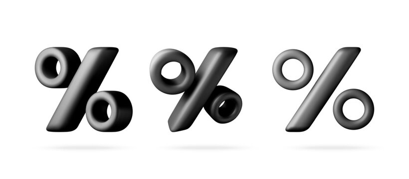 Black 3D percent signs isolated on white background. Set of volumetric matte percentage symbols for e-commerce design. Realistic rendered business icons for marketing discount. Vector illustration