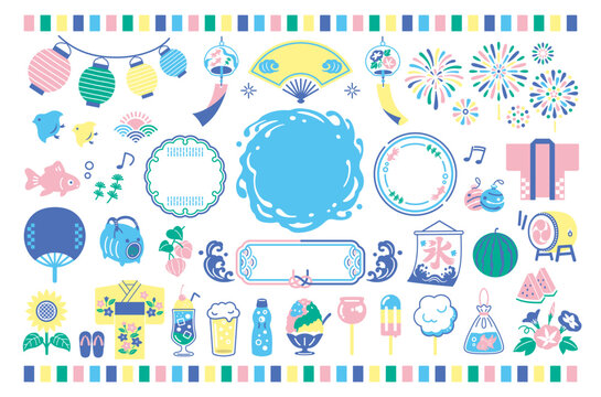 夏の和風イラストセット：夏祭り・あしらい・フレーム・アイコン
