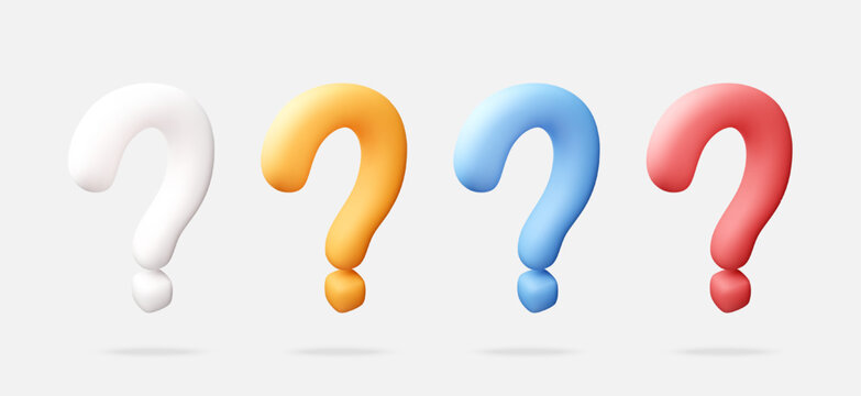 Four colorful 3D question marks isolated on white background. Signs representing inquiry, curiosity, help or support concept. Modern glossy web design element for business. Vector illustration