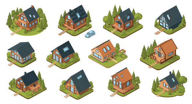 Twelve isometric wooden holiday cabins and cottages with pitched dark roofs and surrounding pine tree landscapes arranged neatly on individual square green grass tiles.
