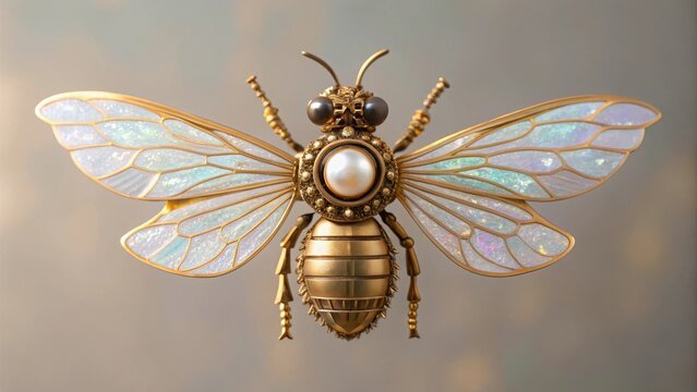 Exquisite golden bee brooch with iridescent wings and a pearl body