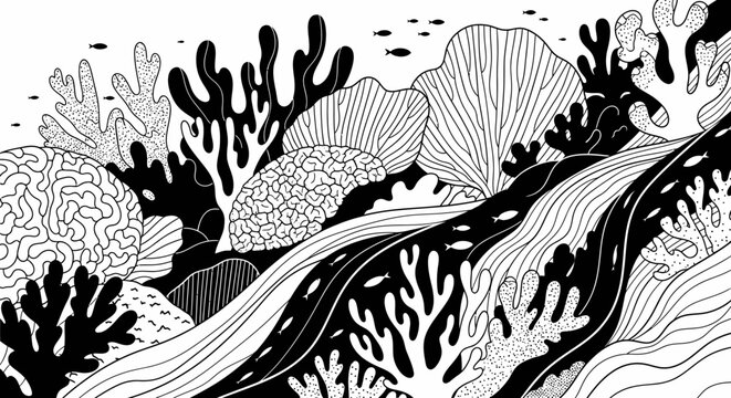 Intricate black and white coral reef underwater scene illustration