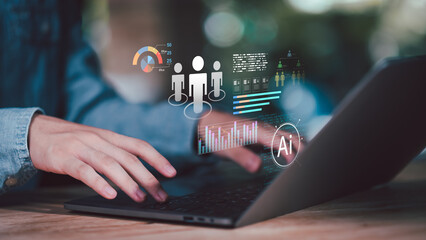 Human resources analyst leveraging AI workforce analytics platform for employee data insights, performance monitoring, recruitment optimization, predictive analysis, real-time visualization © Images for you