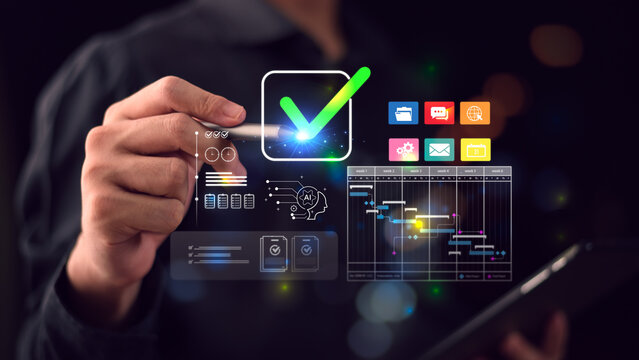 Project manager leveraging AI task approval and time management system for workflow automation, deadline tracking, scheduling optimization, productivity control, digital project execution