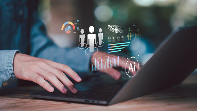 Human resources analyst leveraging AI workforce analytics platform for employee data insights, performance monitoring, recruitment optimization, predictive analysis, real-time visualization