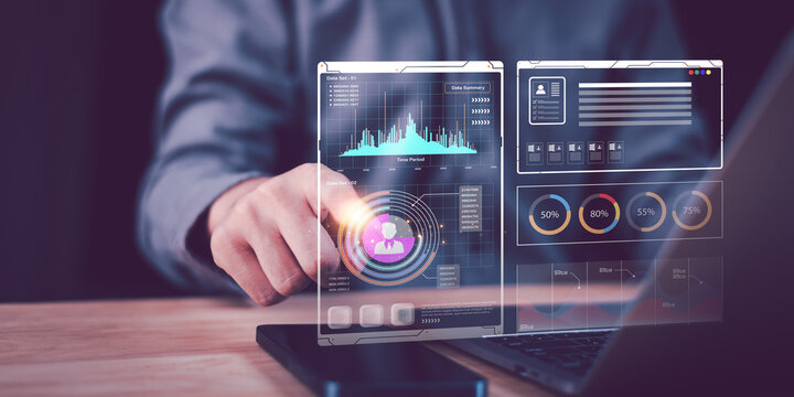 Human resources analyst leveraging digital employee insights dashboard for workforce analytics, performance monitoring, recruitment data, visualization tools, strategic planning optimization