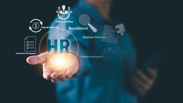 Human resources manager leveraging HR digital management system for talent acquisition, workforce analytics, employee engagement, payroll optimization, performance tracking, corporate strategy