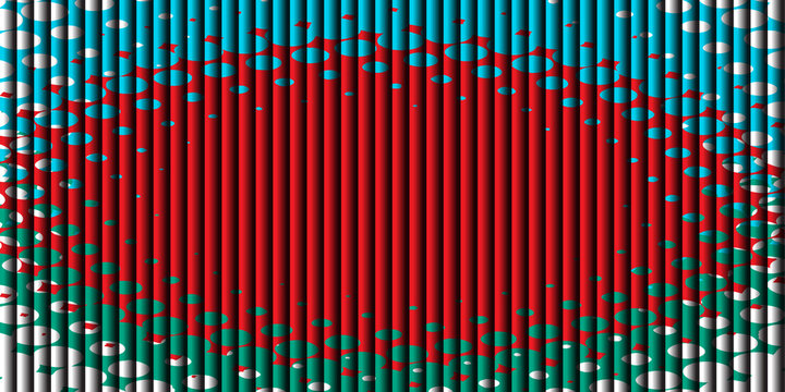 Abstract pattern of vertical white and gray stripes with large central red circle and outer teal dots, vibrant hypnotic design, modern background.