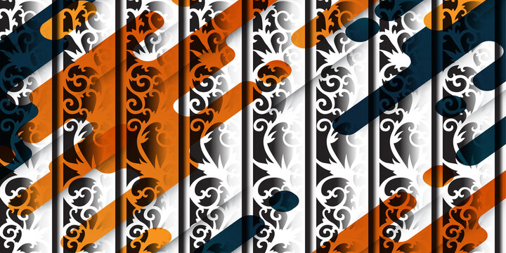 Decorative wallpaper with vertical black stripes and intricate white floral scroll patterns overlaid with bold orange fluid shapes.